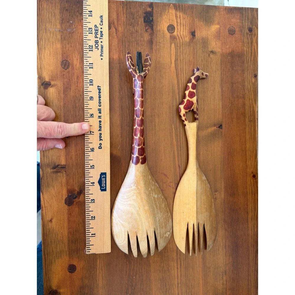 Hand Carved Wooden Giraffe Salad Server Set 3 Piece African Safari Folk Art 12in